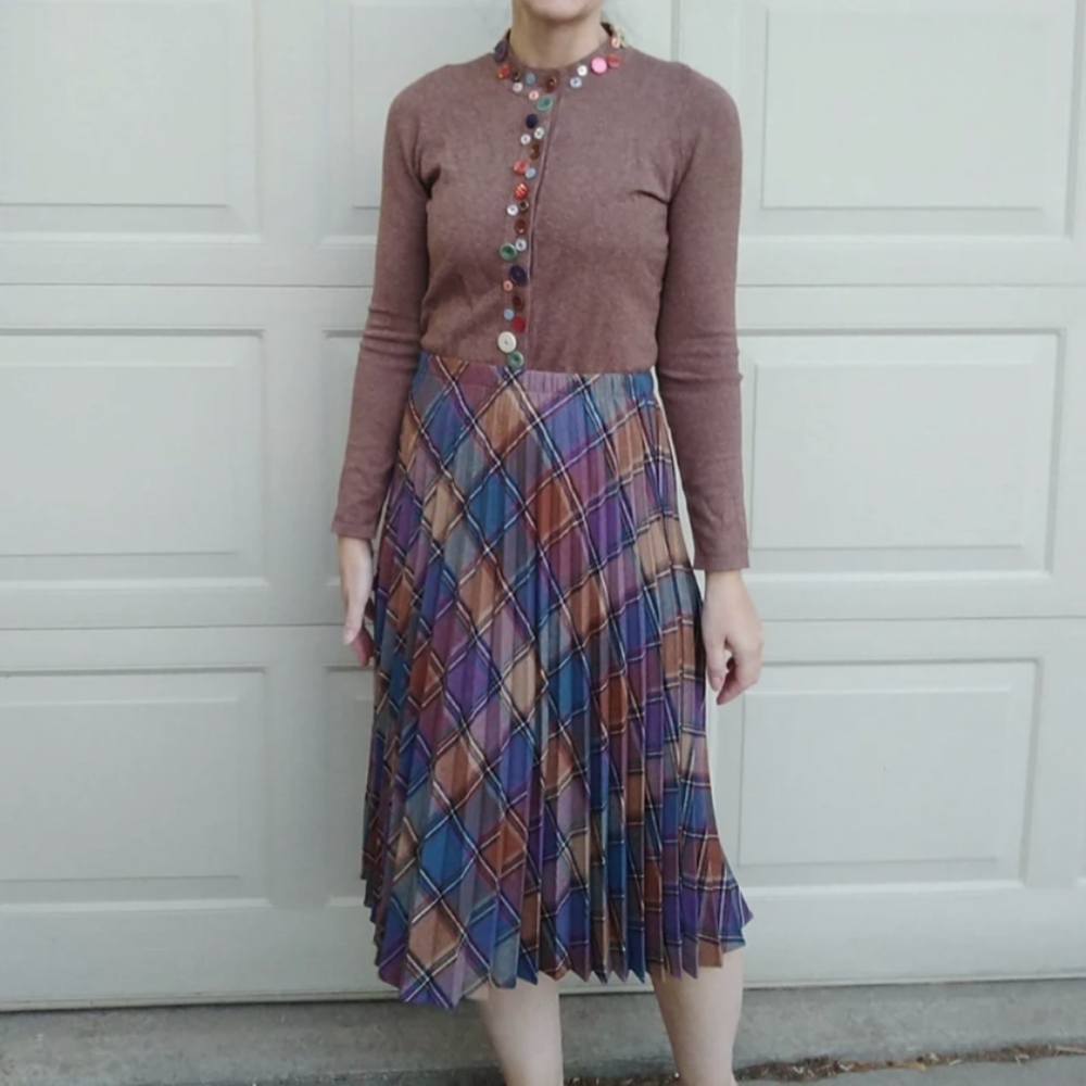 70s Brown Cotton Pleated Midi Skirt